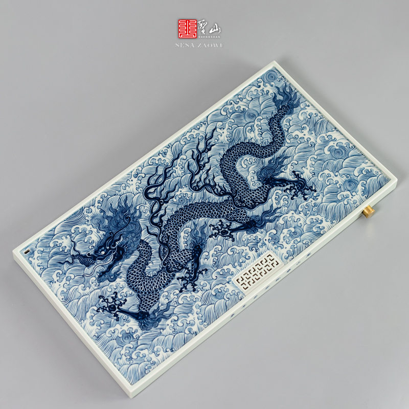 仿古青花龙腾四海茶盘