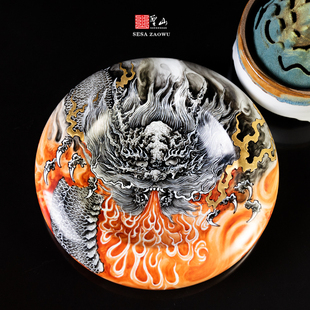 圣山景德镇粉彩矾红墨龙吐息大号雪茄缸仿古手工陶瓷中式烟灰缸