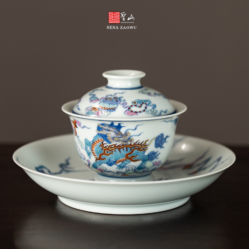 圣山仿古青花斗彩麒麟望月盖碗景德镇手绘陶瓷茶具茶杯泡茶盖碗,餐饮具,盖碗,淘宝优惠券,粉丝福利购,淘宝优惠卷