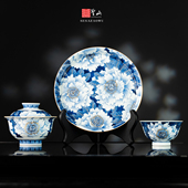 圣山原创手绘青花国色天香牡丹措金银陶瓷盖碗茶具泡茶盖碗