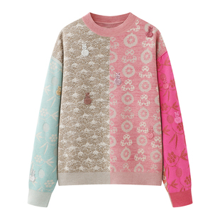 女装 时尚 复古撞色拼接圆领套头针织女宽松上衣女 设计师款 2026春季