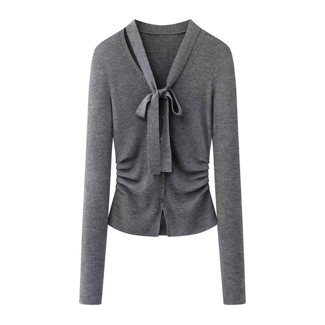 2026春季设计师款轻奢风百搭宽松减龄飘带收腰显瘦长袖针织衫毛衣