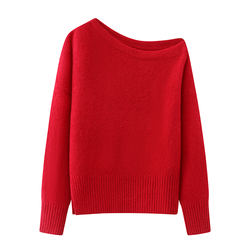 2025冬季设计师款轻奢风女装红色一字肩斜肩针织衫宽松毛衣上衣女