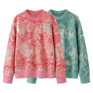 2026春季设计师款轻奢风小众女装百搭复古印花圆领毛衣长袖针织衫