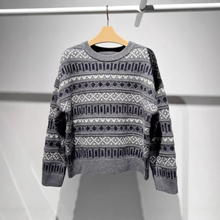 2025冬季设计师款轻奢风小众女装百搭费尔岛圆领提花针织毛衣女