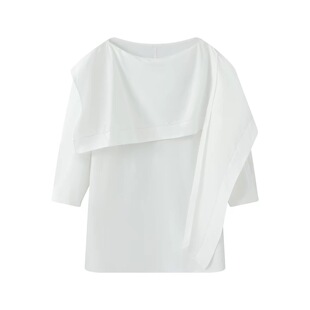 【设计师款】2026春季轻奢风高定女装白色一字领荷叶边衬衫上衣女