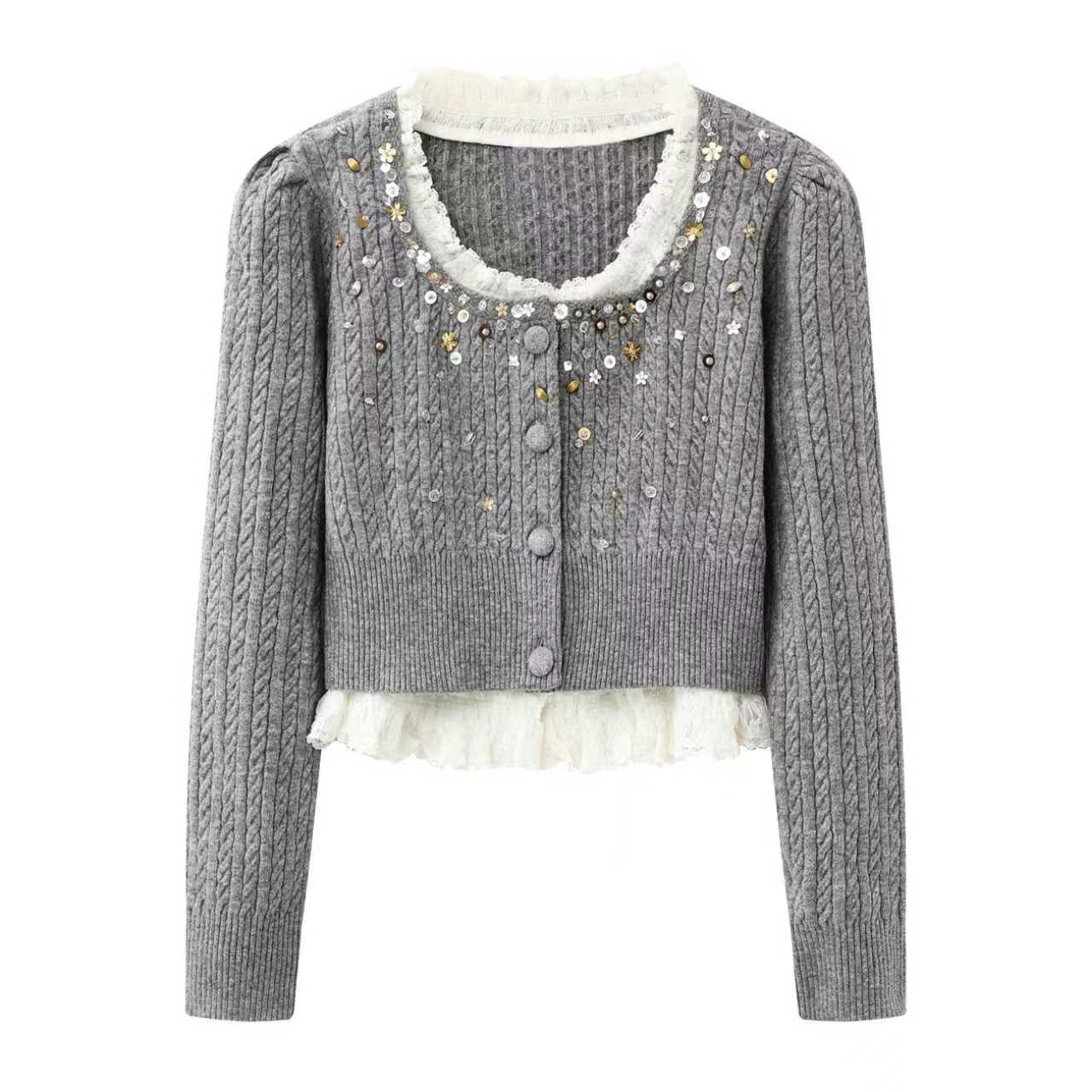 2025冬季设计师款轻奢女装木耳边方领重工钉钻千金风假两件针织衫