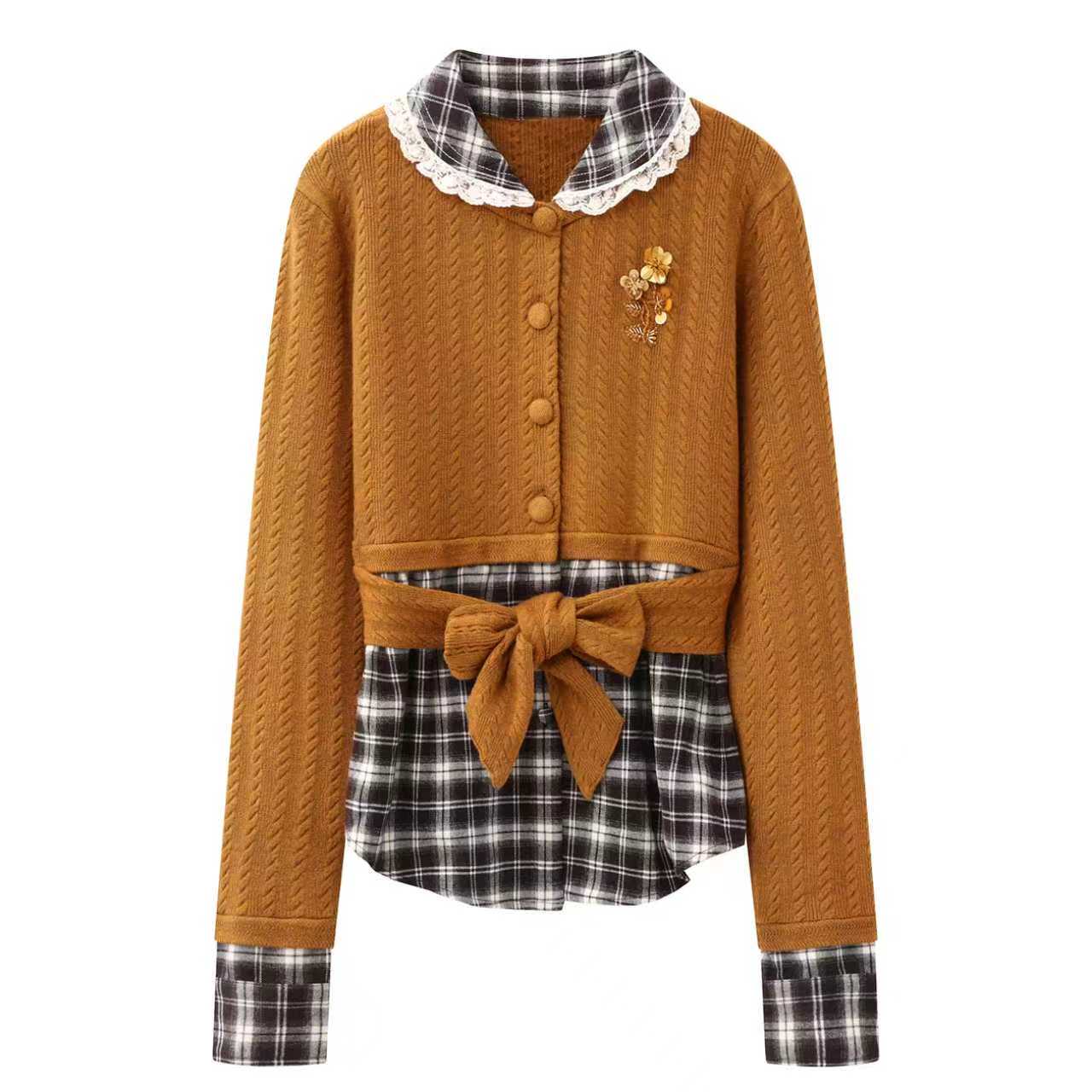 2025冬季设计师款轻奢风女装百搭宽松显瘦格子拼接长袖针织衫上衣