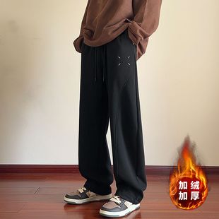 加绒运动休闲长裤 黑色弯刀卫裤 直筒2025秋冬款 潮流百搭美式 子男款