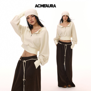 简约女士休闲上衣 休闲韩版 ACMEAURA半拉链翻领坑条短款 卫衣长袖