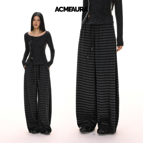 ACMEAURA条纹宽松阔腿休闲裤女2025新款秋冬季慵懒风加绒弯刀裤女