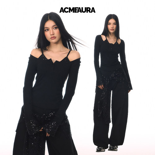 ACMEAURA假两件一字肩亮片上衣