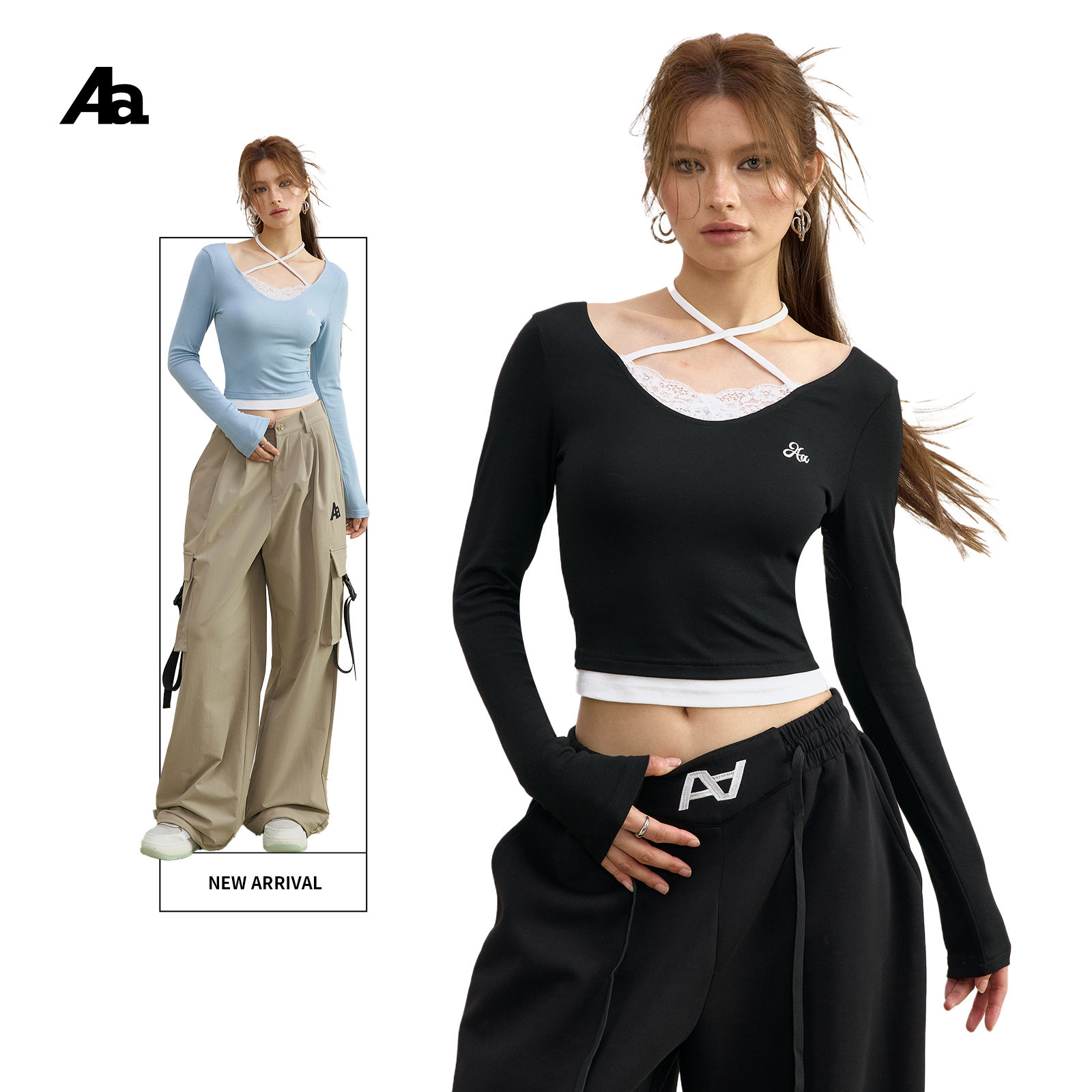 ACME AURA 领口蕾丝花边绑带挂脖假两件上衣修身短款打底长袖T恤