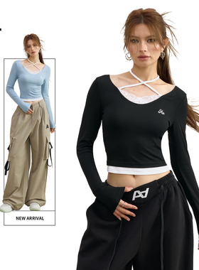 ACME AURA 领口蕾丝花边绑带挂脖假两件上衣修身短款打底长袖T恤