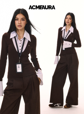 ACMEAURA衬衫领拼接假两件长袖T恤女秋冬季节新款设计感黑色上衣