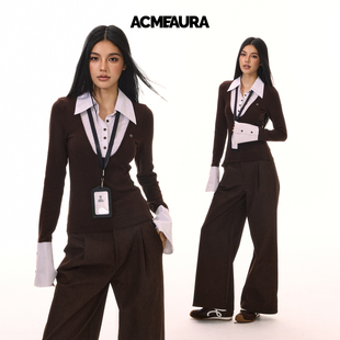 设计感黑色上衣 T恤女2025早秋新款 ACMEAURA衬衫 领拼接假两件长袖