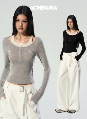 ACMEAURA巨好看的早秋上衣女内搭短款灰色假两件长袖t恤女打底衫