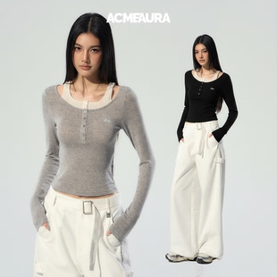 t恤女打底衫 灰色假两件长袖 早秋上衣女内搭短款 ACMEAURA巨好看