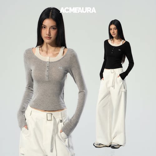 ACMEAURA巨好看的早秋上衣女内搭短款灰色假两件长袖t恤女打底衫