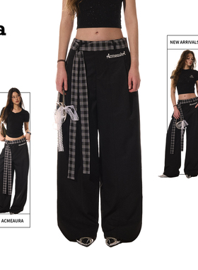 ACME AURA 美式复古黑色速干裤女格子腰带显瘦高腰直筒阔腿休闲裤