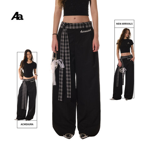 ACME AURA 美式复古黑色速干裤女格子腰带显瘦高腰直筒阔腿休闲裤
