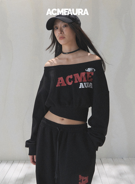 ACMEAURA卫衣女款斜肩卫衣美式慵懒印花卫衣2025正流行黑色卫衣