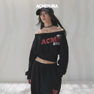 ACMEAURA卫衣女款 慵懒印花卫衣2025正流行黑色卫衣 斜肩卫衣美式
