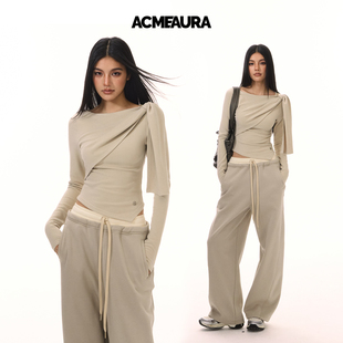 ACMEAURA设计感不对称荡领长袖 T恤女收腰显瘦褶皱灰绿色上衣女