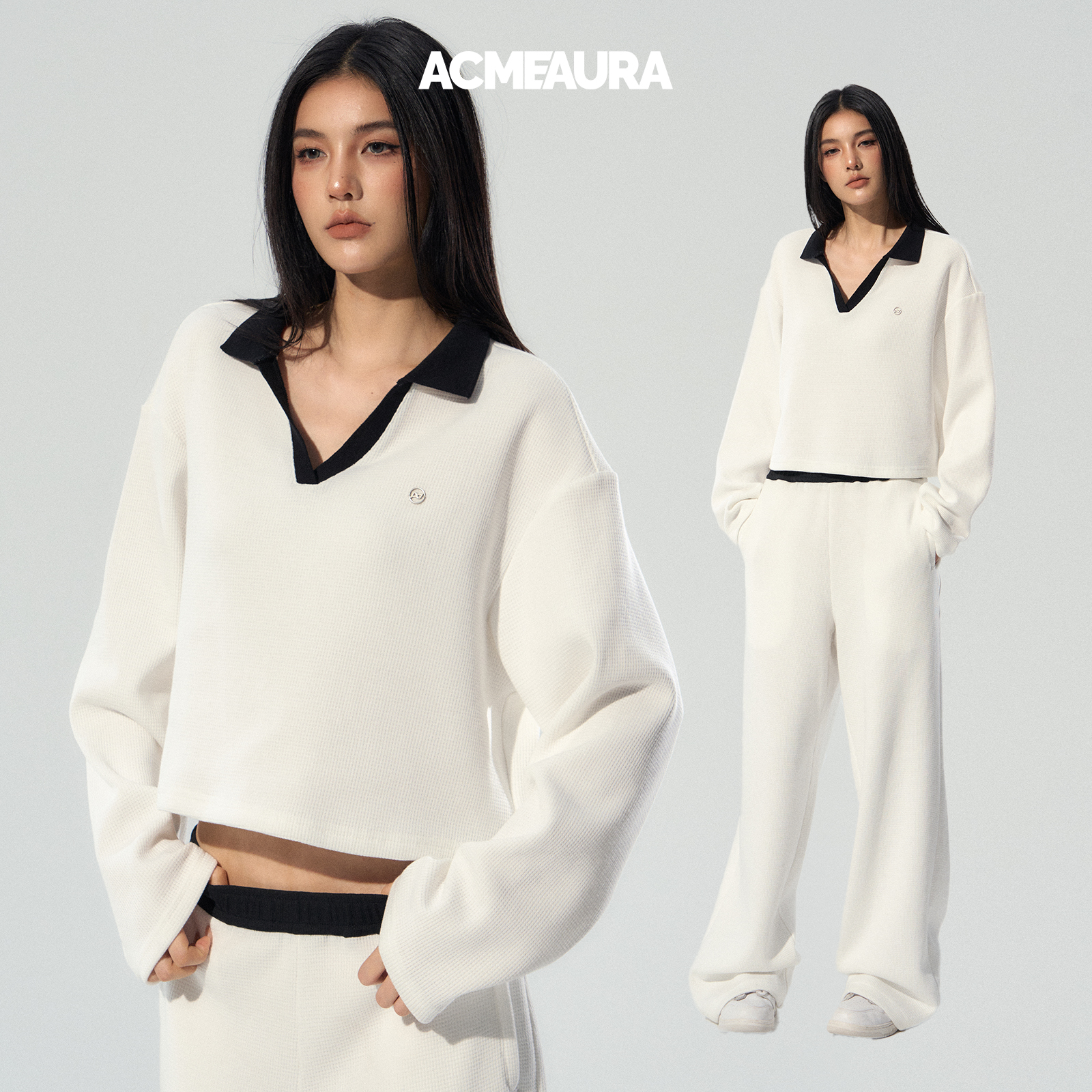 ACMEAURA上衣女长袖早秋chic上衣2025新款独特白色华夫格v领上衣