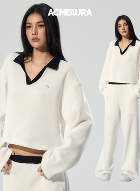 ACMEAURA上衣女长袖早秋chic上衣2025新款独特白色华夫格v领上衣