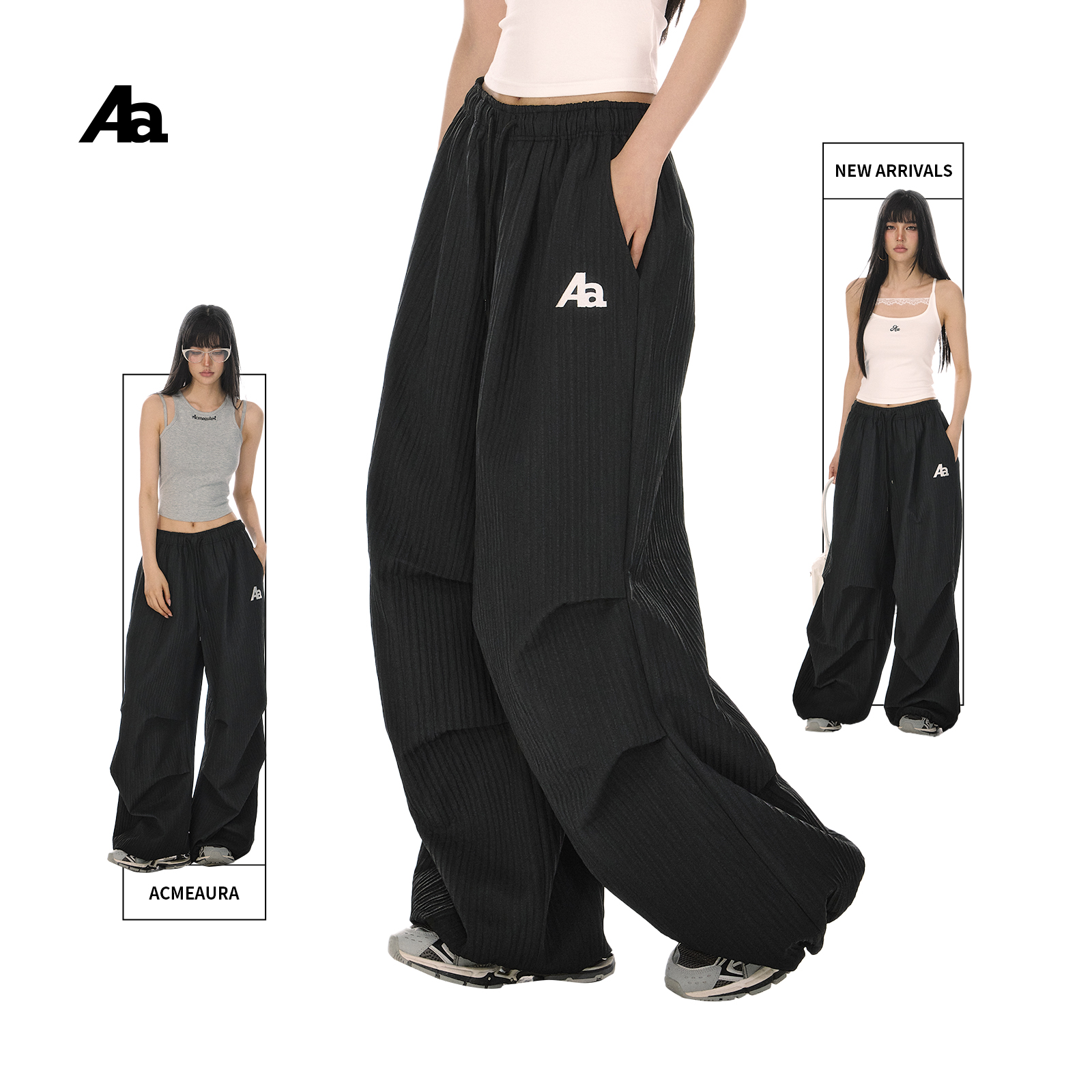 美式复古条纹阔腿夏季伞兵裤