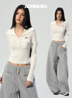 ACMEAURA美式短款v领长袖t恤女秋季新款修身显瘦内搭长袖开衫上衣