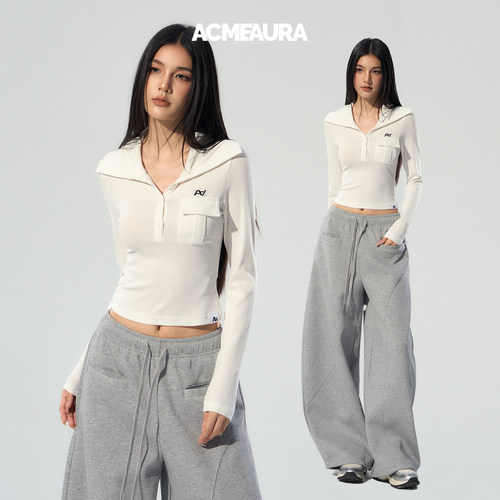 ACMEAURA美式短款v领长袖t恤女秋季新款修身显瘦内搭长袖开衫上衣