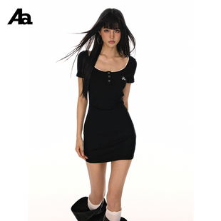 ACMEAURA大U领拼接蕾丝花边T恤裙修身 显瘦甜酷运动风连衣裙短裙