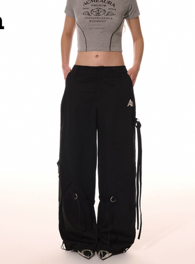 ACMEAURA美式复古飘带黑色工装裤夏季百搭慵懒宽松直筒阔腿休闲裤