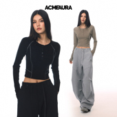 显瘦百搭纽扣短款 ACMEAURA纯色半开领长袖 T恤女早秋穿搭修身 上衣