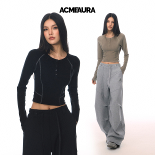 上衣 显瘦百搭纽扣短款 ACMEAURA纯色半开领长袖 T恤女早秋穿搭修身