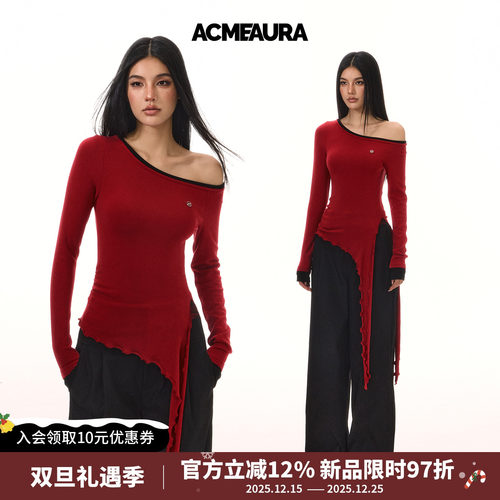 ACMEAURA斜肩一字肩长袖T恤女秋冬辣妹穿搭拼接飘带红色爵士上衣