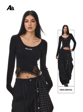 ACME AURA 复古纯欲辣妹长袖拼接蕾丝上衣女爵士舞服修身显瘦T恤