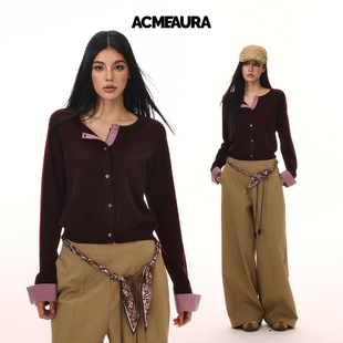 针织外套 正肩慵懒感显瘦短款 ACMEAURA休闲格纹拼接毛衣开衫 女秋季