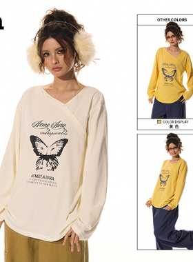 ACME AURA美式复古蝴蝶印花T恤女设计感小众宽松显瘦斜肩打底上衣