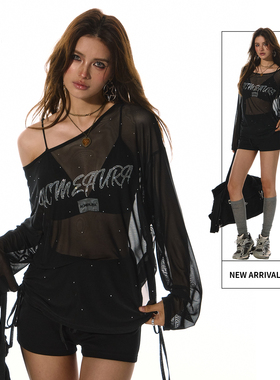 ACMEAURA 辣妹hiphop街舞穿搭网纱衣服黑色网纱上衣黑色长袖罩衫