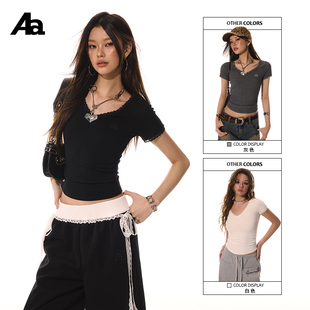 上衣 设计感掐腰收褶显瘦纯欲短袖 ACMEAURA蕾丝花边V领修身 T恤夏季