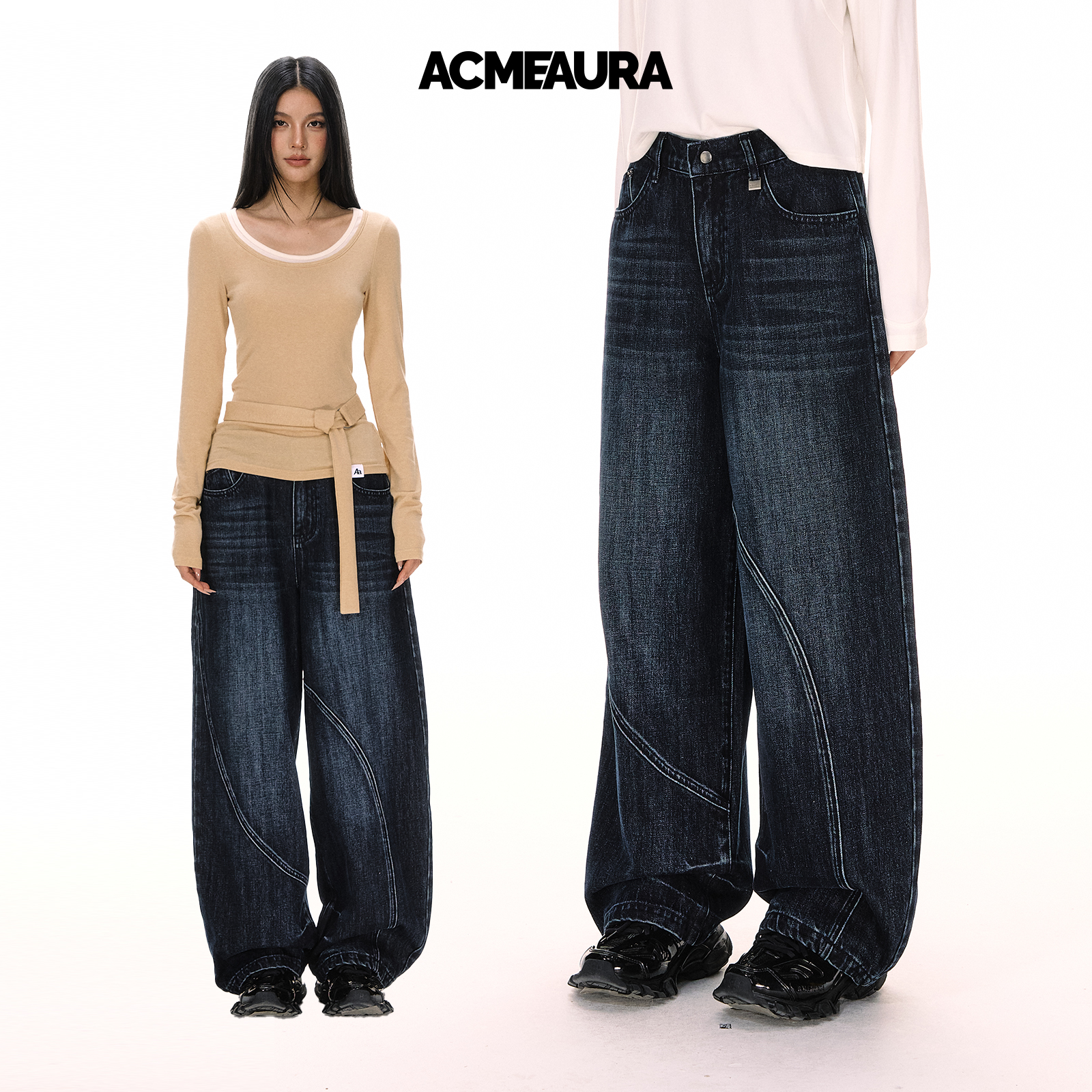 ACMEAURA复古水洗女士做旧弯刀牛仔裤女秋冬新款宽松显瘦垂感裤女