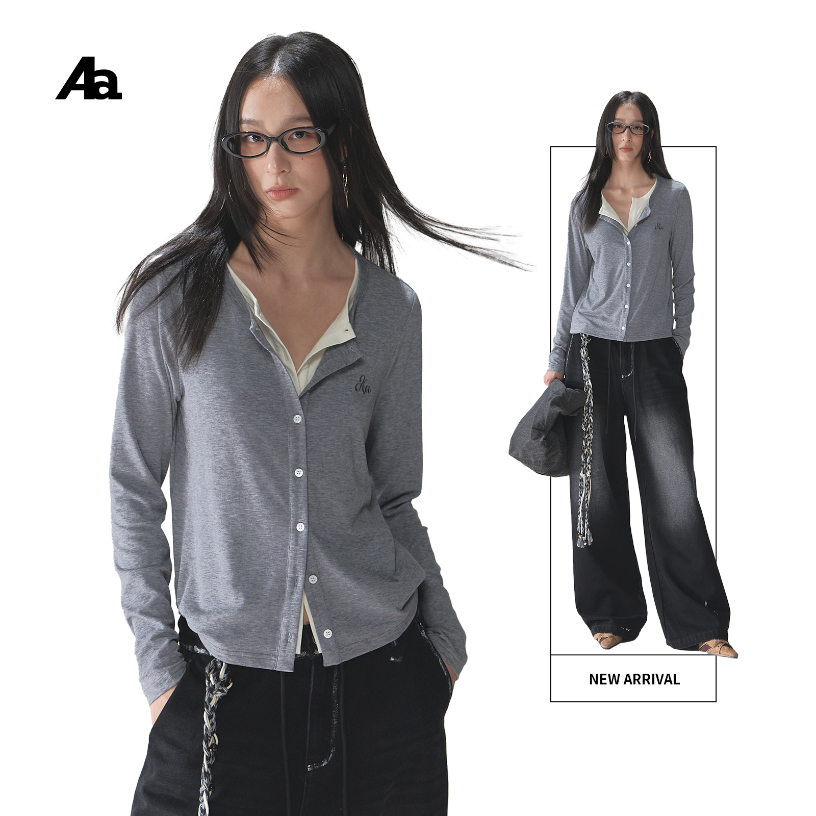 灰色假两件针织衫v领上衣