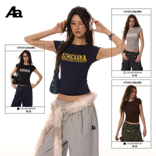 ACMEAURA做旧字母印花螺纹圆领T恤女夏百搭修身 上衣 显瘦复古短袖