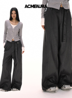 ACMEAURA灰色直筒裤女秋冬宽松休闲裤宽松慵懒风飘带阔腿裤子女