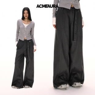 子女 宽松慵懒风飘带阔腿裤 ACMEAURA灰色直筒裤 女秋冬宽松休闲裤