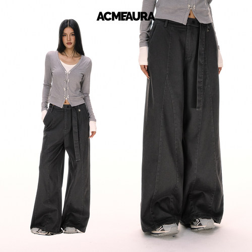 ACMEAURA灰色直筒裤女秋冬宽松休闲裤宽松慵懒风飘带阔腿裤子女