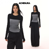 ACMEAURA假两件拼接打底衫 女秋冬不规则收腰内搭正肩显瘦抹胸上衣